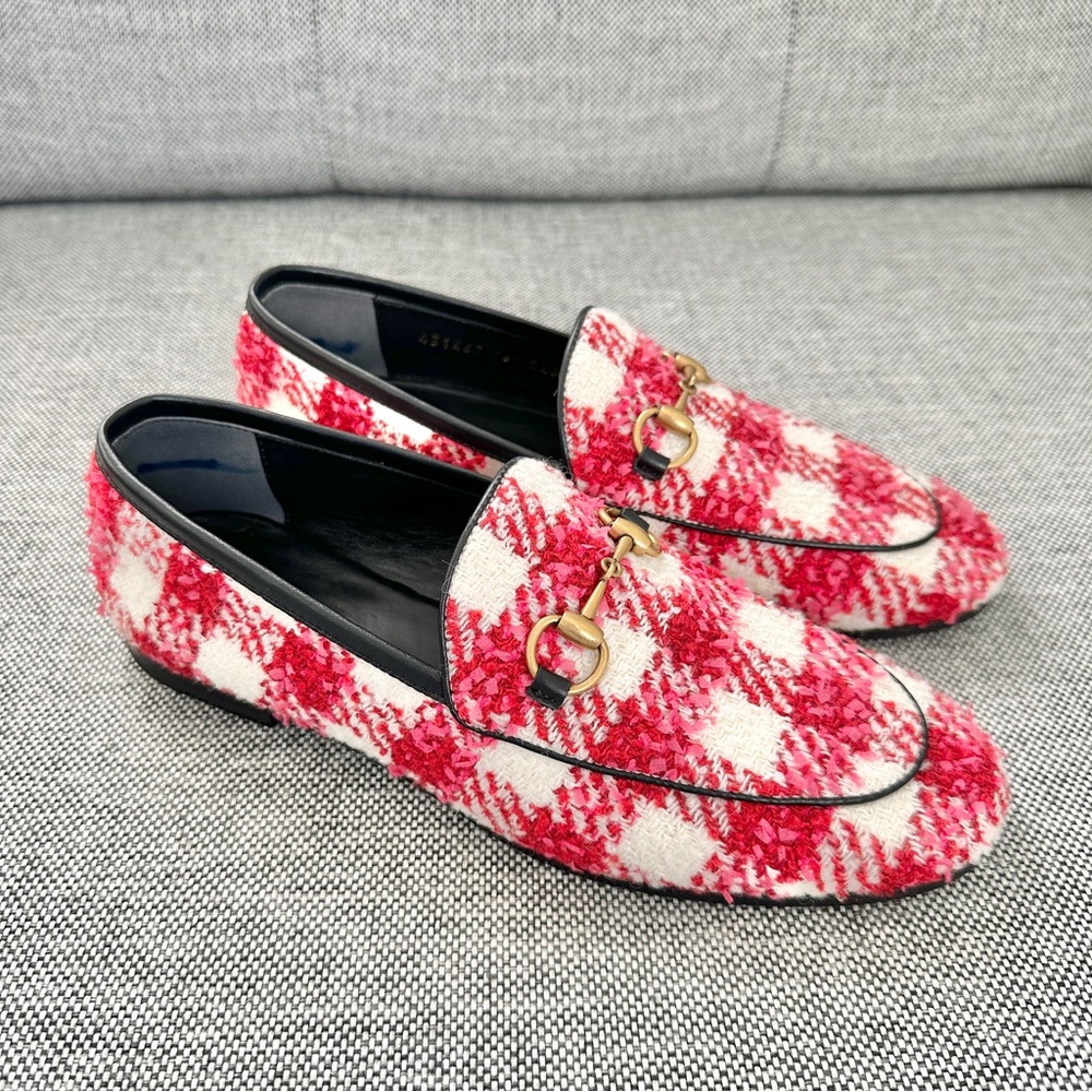 NEW Gucci Princetown Tweed Horsebit Loafers EU 36 US 6 Red and Pink Check